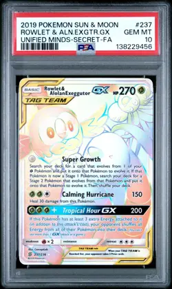 2019 Pokemon Sun & Moon Unified Minds Rowlet & Alolan Exeggutor GX 237 PSA 10 - Image 1