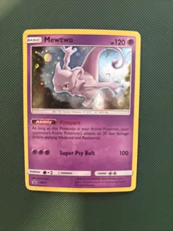 2017 Pokemon Mewtwo SM77 Shining Legends Pin Promo RARE Cosmos Holo w/ SWIRL - Image 1