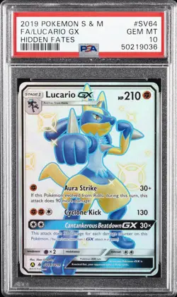 2019 POKEMON SUN & MOON HIDDEN FATES #SV64 FULL ART/LUCARIO GX PSA 10 - Image 1