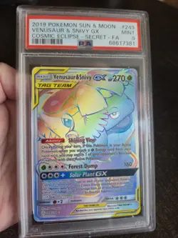 Pokemon Venusaur & Snivy GX 249/236 Cosmic Eclipse Secret Rainbow FA PSA 9 Mint - Image 1