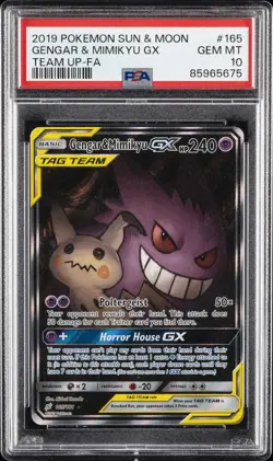 2019 POKEMON SUN & MOON TEAM UP #165 FULL ART/GENGAR & MIMIKYU GX PSA 10 - Image 1
