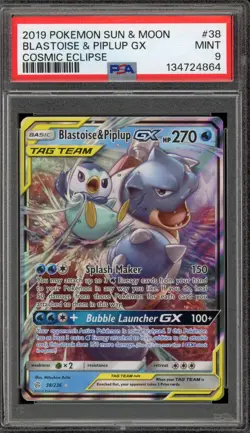 Pokemon Blastoise & Piplup GX Cosmic Eclipse Holo Ultra Rare #38 PSA 9 Mint - Image 1