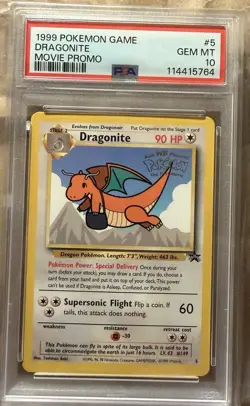 1999 Pokemon the First Movie Dragonite #5 WB Stamped Black Star Promo PSA 10 - Image 1