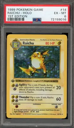 Pokemon Raichu Base Set Shadowless 1st Edition Holo Rare #14 PSA 6 - Image 1
