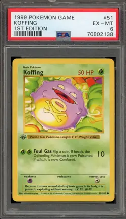 Pokemon Koffing Base Set Shadowless 1st Edition #51 PSA 6 - Image 1