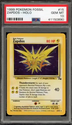 Pokemon Zapdos Fossil Unlimited Holo Rare #15 PSA 10 Gem Mint - Image 1
