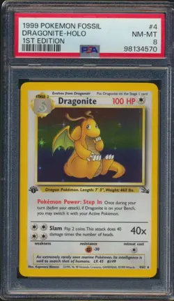 1999 Pokemon Fossil 1st Edition Dragonite #4 Holo PSA 8 - Image 1