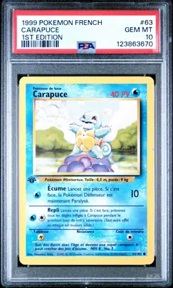 1999 Pokemon French Carapuce #63 1st Ed. GEM MT PSA 10 - Image 1