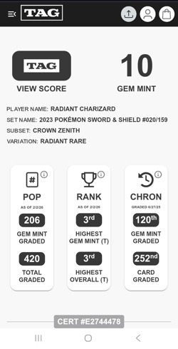 3rd Highest TAG 10 Pokemon Radiant Charizard Crown Zenith Rare Card 020/159 - Image 3