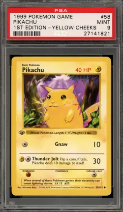 Pokemon Pikachu Base Set Shadowless 1st Edition Yellow Cheeks #58 PSA 9 Mint - Image 1