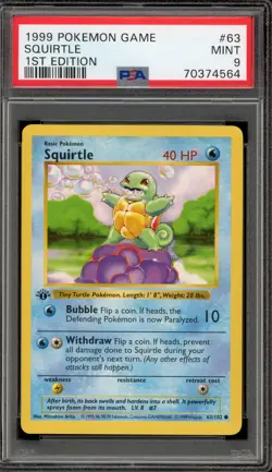Pokemon Squirtle Base Set Shadowless 1st Edition #63 PSA 9 Mint - Image 1