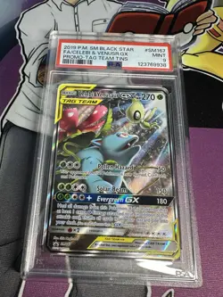 2019 POKEMON SM STAR PROMO #SM167 FULL ART/CELEBI & VENUSAUR GX PSA 9 tag Team - Image 1