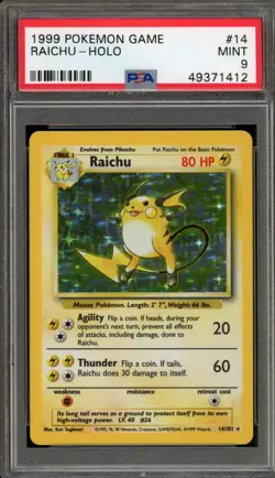 Pokemon Raichu Base Set Unlimited Holo Rare #14 PSA 9 Mint - Image 1