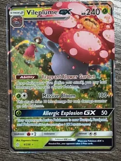 POKEMON VILEPLUME GX 4/236 ULTRA RARE HOLO 2019 COSMIC ECLIPSE + DARKRAI SLEEVE - Image 1