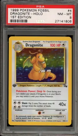 Pokemon Dragonite Fossil 1st Edition Holo Rare #4 PSA 8 - Image 1