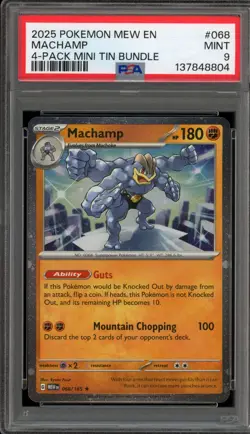 Pokemon Machamp 4 Pk. Mini Tin Bund. 151 MEW EN Holo Rare #068 PSA 9 Mint - Image 1