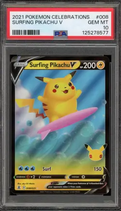 Pokemon Surfing Pikachu V Celebrations Holo Ultra Rare #008 PSA 10 Gem Mint - Image 1