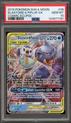 Pokemon Blastoise & Piplup GX Cosmic Eclipse Holo Ultra Rare #38 PSA 10 Gem Mint - Image 1