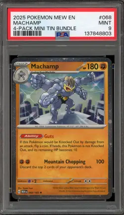 Pokemon Machamp 4 Pk. Mini Tin Bund. 151 MEW EN Holo Rare #068 PSA 9 Mint - Image 1