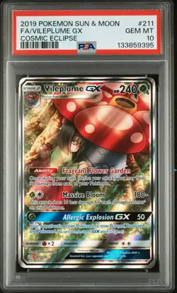 2019 Pokemon Sun & Moon Cosmic Eclipse Vileplume GX #211/236 PSA 10 - Image 1