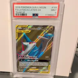 2019 POKEMON SUN & MOON TEAM UP #169 FULL ART/LATIAS & LATIOS GX PSA 9 - Image 1