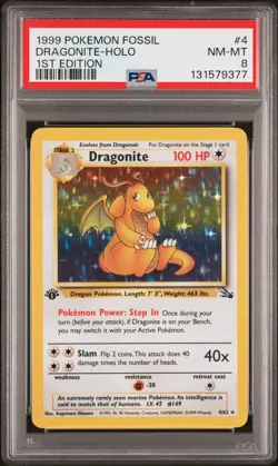 1999 POKEMON FOSSIL 1ST ED #4 DRAGONITE-HOLO PSA 8 - Image 1