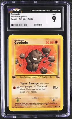CGC MINT 9 Pokemon Geodude 47/62 1999 Fossil 1st Edition - Image 1