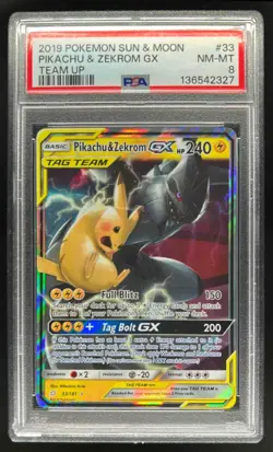 2019 Pokemon Sun & Moon Team Up Pikachu Zekrom Holo #33/181 PSA 8 - Image 1