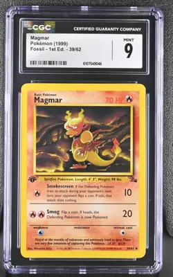 CGC MINT 9 Pokemon Magmar 39/62 1999 Fossil 1st Edition - Image 1