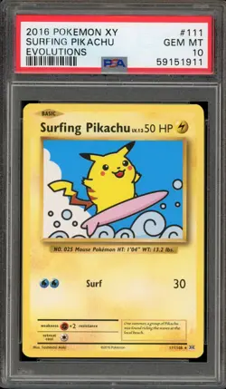 Pokemon Surfing Pikachu XY Evolutions Secret Rare #111 PSA 10 Gem Mint - Image 1