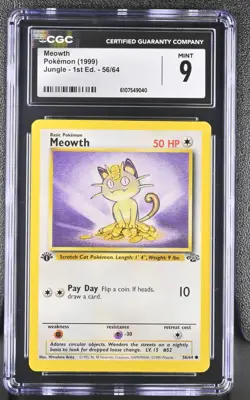 CGC MINT 9 Pokemon Meowth 56/64 1999 Jungle 1st Edition - Image 1