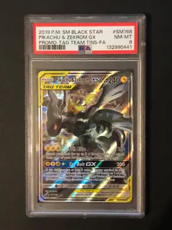 PSA 8, Pikachu & Zekrom GX Tag Team SM168 Pokemon Card Black Star - Image 1