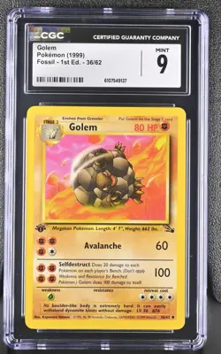 CGC MINT 9 Pokemon Golem 36/62 1999 Fossil 1st Edition - Image 1