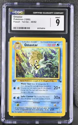 CGC MINT 9 Pokemon Omastar 40/62 1999 Fossil 1st Edition - Image 1