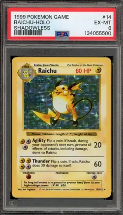 Pokemon Raichu Base Set Shadowless Holo Rare #14 PSA 6 - Image 1