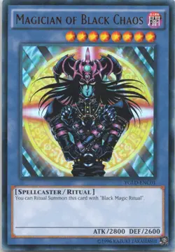 1996 YUGIOH UNLIMITED MAGICIAN OF BLACK CHAOS RARE HOLO #YGLD-ENC01 - Image 1