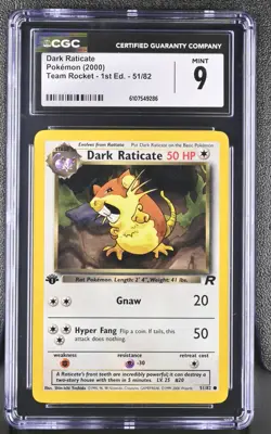 CGC MINT 9 Pokemon Dark Raticate 51/82 2000 Team Rocket 1st Edition - Image 1