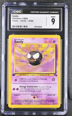 CGC MINT 9 Pokemon Gastly 33/62 1999 Fossil 1st Edition - Image 1