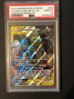 PSA 10, POKEMON UNBROKEN BONDS #203/214 LUCARIO & MELMETAL GX TAG TEAM FULL ART - Image 1