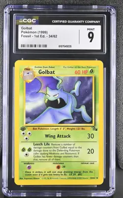 CGC MINT 9 Pokemon Golbat 34/62 1999 Fossil 1st Edition - Image 1