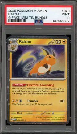 Pokemon Raichu 4 Pk. Mini Tin Bund. 151 MEW EN Holo Rare #026 PSA 9 Mint - Image 1