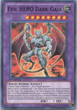 1996 YUGIOH 1ST EDITION EVIL HERO DARK GAIA RARE HOLO #LCGX-EN069 - Image 1