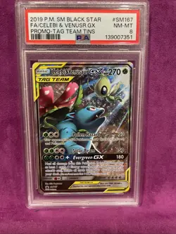 Pokemon 2019 Celebi & Venusaur GX Full Art Promo Tag Team PSA 8 - Image 1