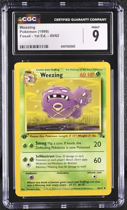 CGC MINT 9 Pokemon Weezing 45/62 1999 Fossil 1st Edition - Image 1
