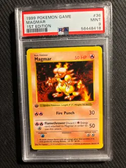 PSA 9 Magmar Pokemon Card 1st Edition Base Shadowless - Image 1