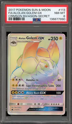 Pokemon Alolan Golem GX Crimson Invasion Secret Rare Full Art #113 PSA 8 - Image 1