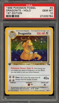 Pokemon Dragonite Fossil 1st Edition Holo Rare #4 PSA 10 Gem Mint - Image 1