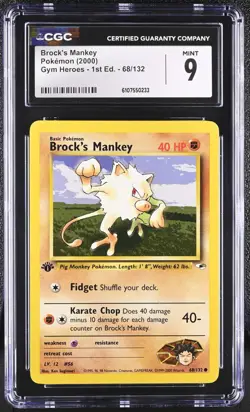 CGC MINT 9 Pokemon Brock's Mankey 68/132 2000 Gym Heroes 1st Edition - Image 1