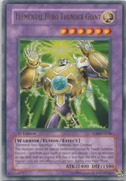 1996 YUGIOH 1ST EDITION ELEMENTAL HERO THUNDER GIANT RARE HOLO #TLM-EN036 - Image 1