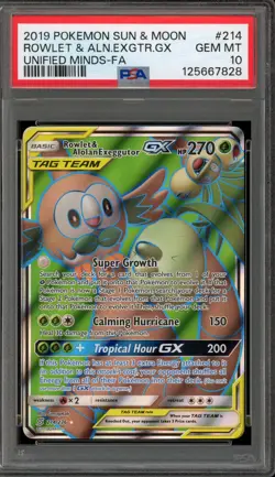 Pokemon Rowlet & Alolan Exeggutor GX Unified Minds Full Art #214 PSA 10 Gem Mint - Image 1